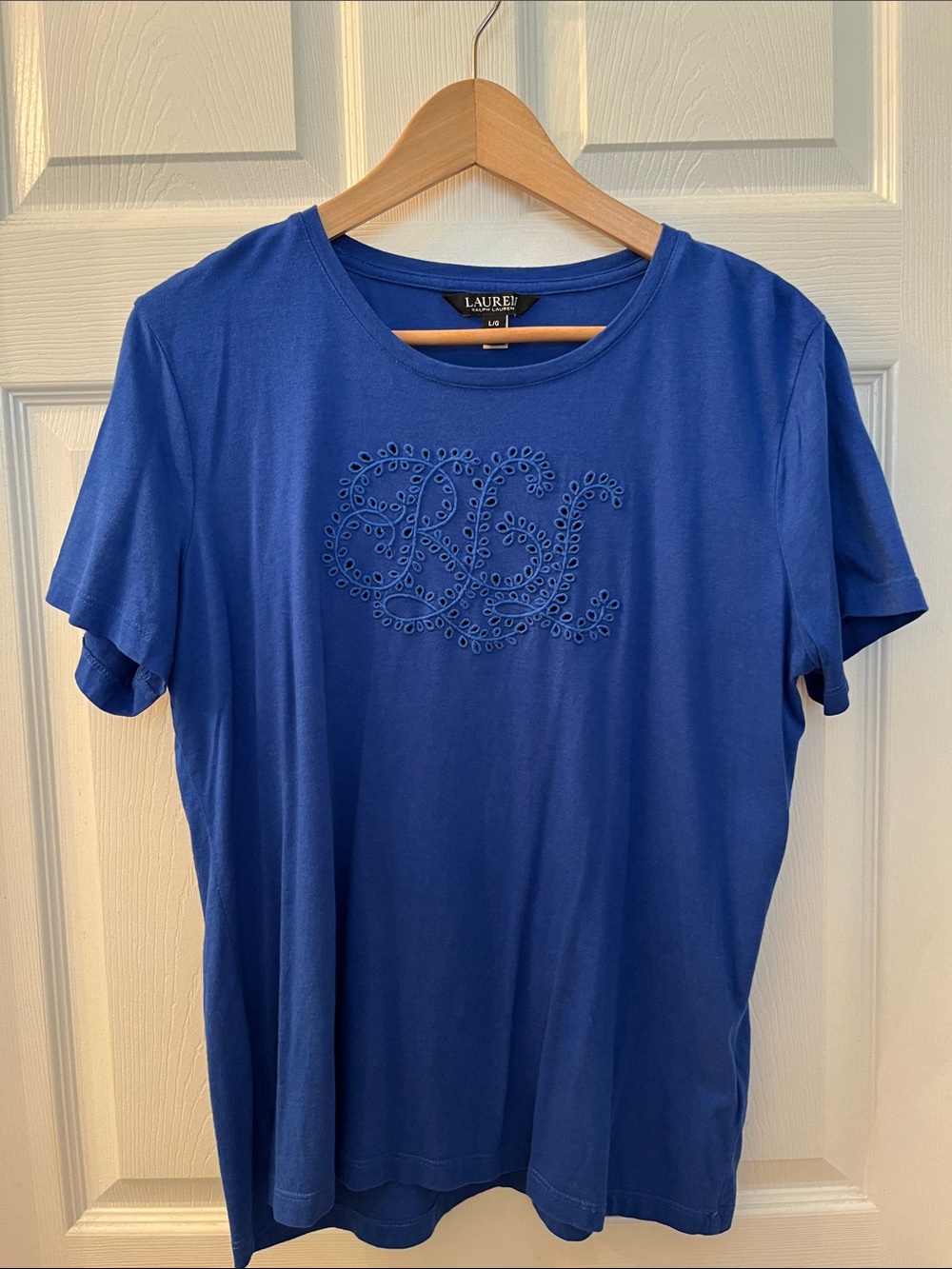 Lauren Ralph Lauren Blue Short Sleeve Tee with Embellished Eyelet Logo Sz L